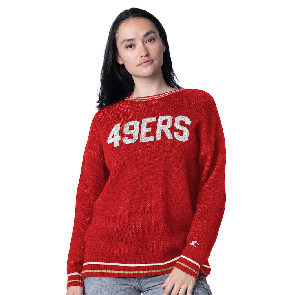 San Francisco 49ers Starter Women's Oversized On the Ball Intarsia Knit Pullover Sweater - Scarlet Pullover