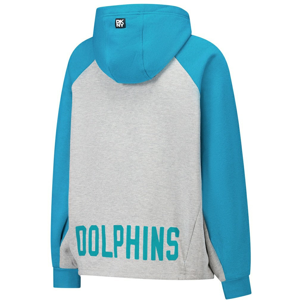 Miami Dolphins DKNY Sport Women's Joy Cropped Raglan Pullover Hoodie - Gray/Aqua - Gray/Aqua Hoodies