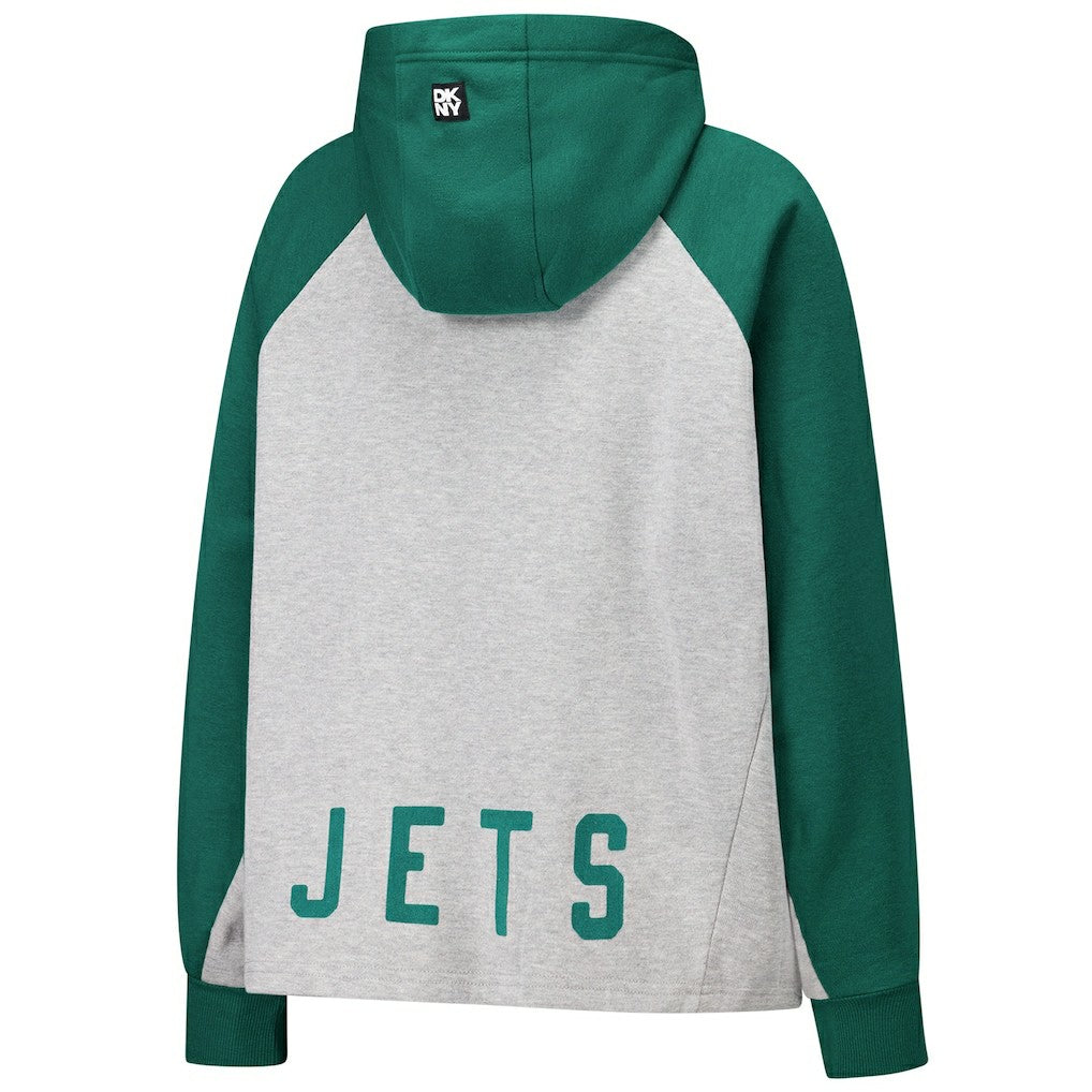 New York Jets DKNY Sport Women's Joy Cropped Raglan Pullover Hoodie - Gray/Green - Gray/Green Hoodies