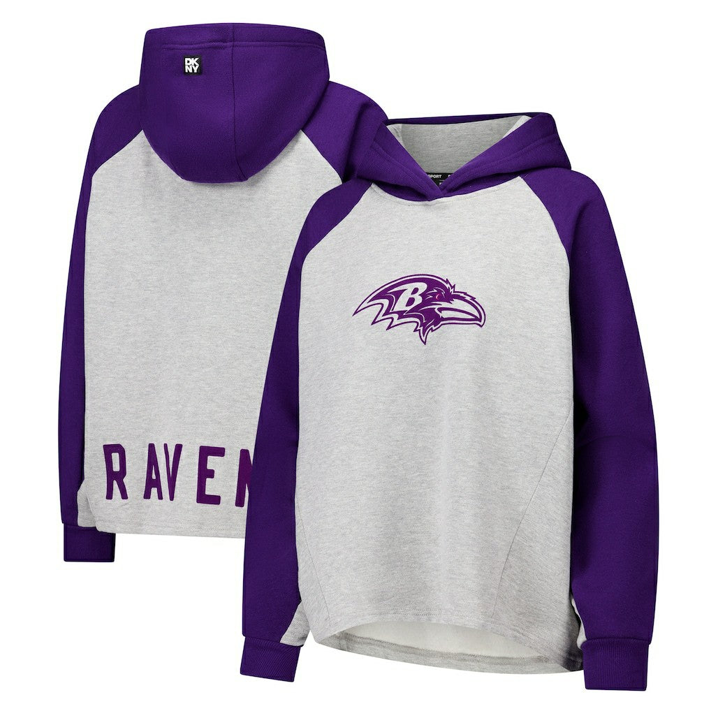 Baltimore Ravens DKNY Sport Women's Joy Cropped Raglan Pullover Hoodie - Gray/Purple - Gray/Purple Hoodies