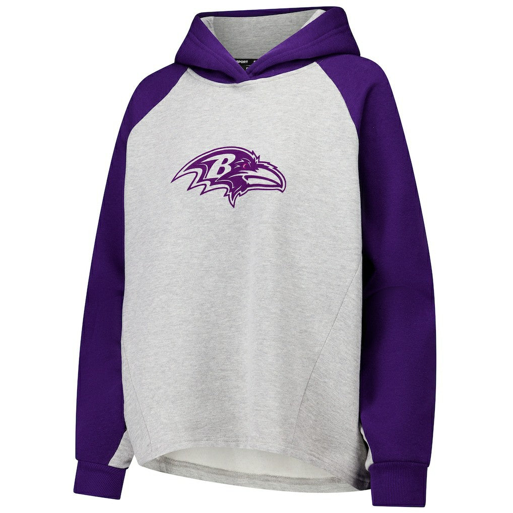Baltimore Ravens DKNY Sport Women's Joy Cropped Raglan Pullover Hoodie - Gray/Purple - Gray/Purple Hoodies