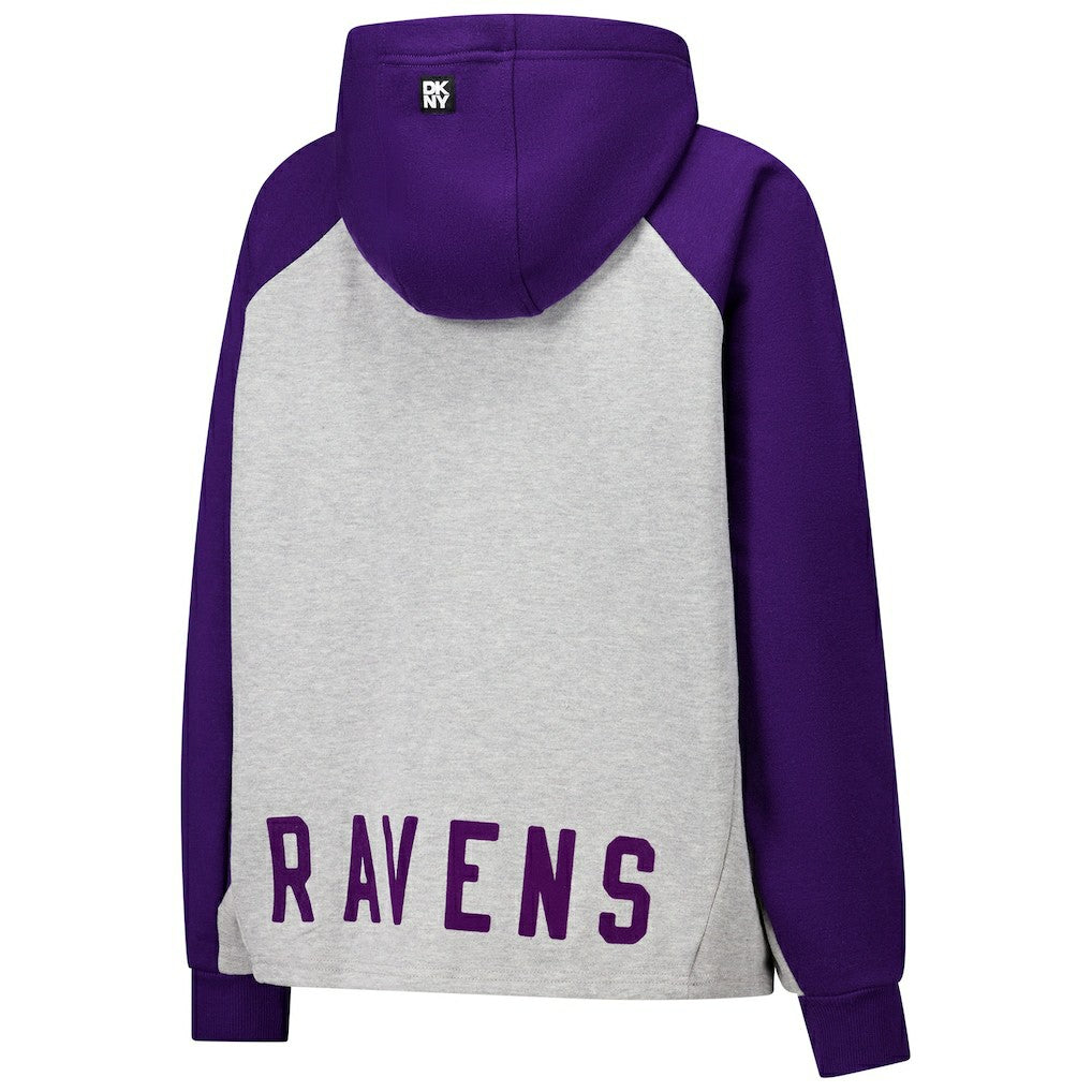 Baltimore Ravens DKNY Sport Women's Joy Cropped Raglan Pullover Hoodie - Gray/Purple - Gray/Purple Hoodies
