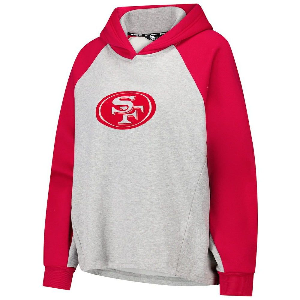 San Francisco 49ers DKNY Sport Women's Joy Cropped Raglan Pullover Hoodie - Gray/Scarlet - Gray/Scarlet Hoodies
