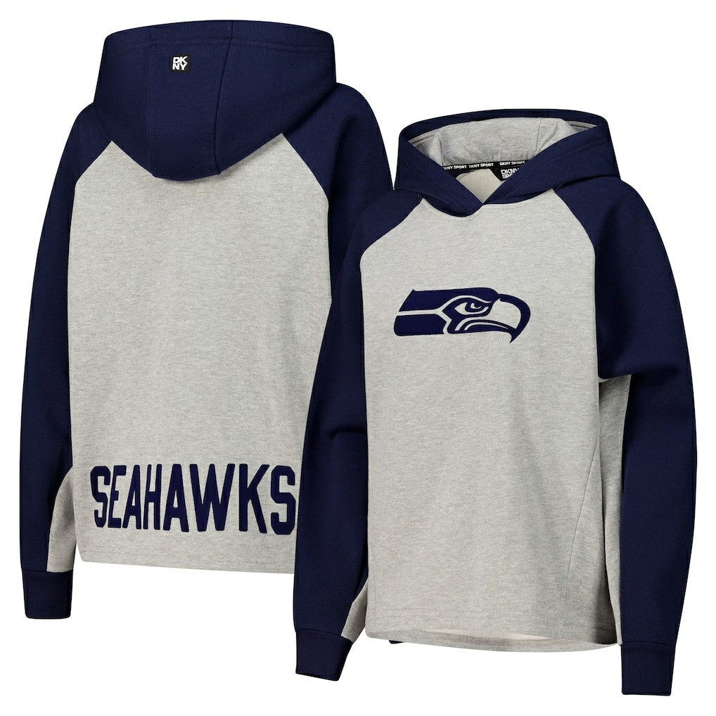 Seattle Seahawks DKNY Sport Women's Joy Cropped Raglan Pullover Hoodie - Gray/College Navy - Gray/College Navy Hoodies