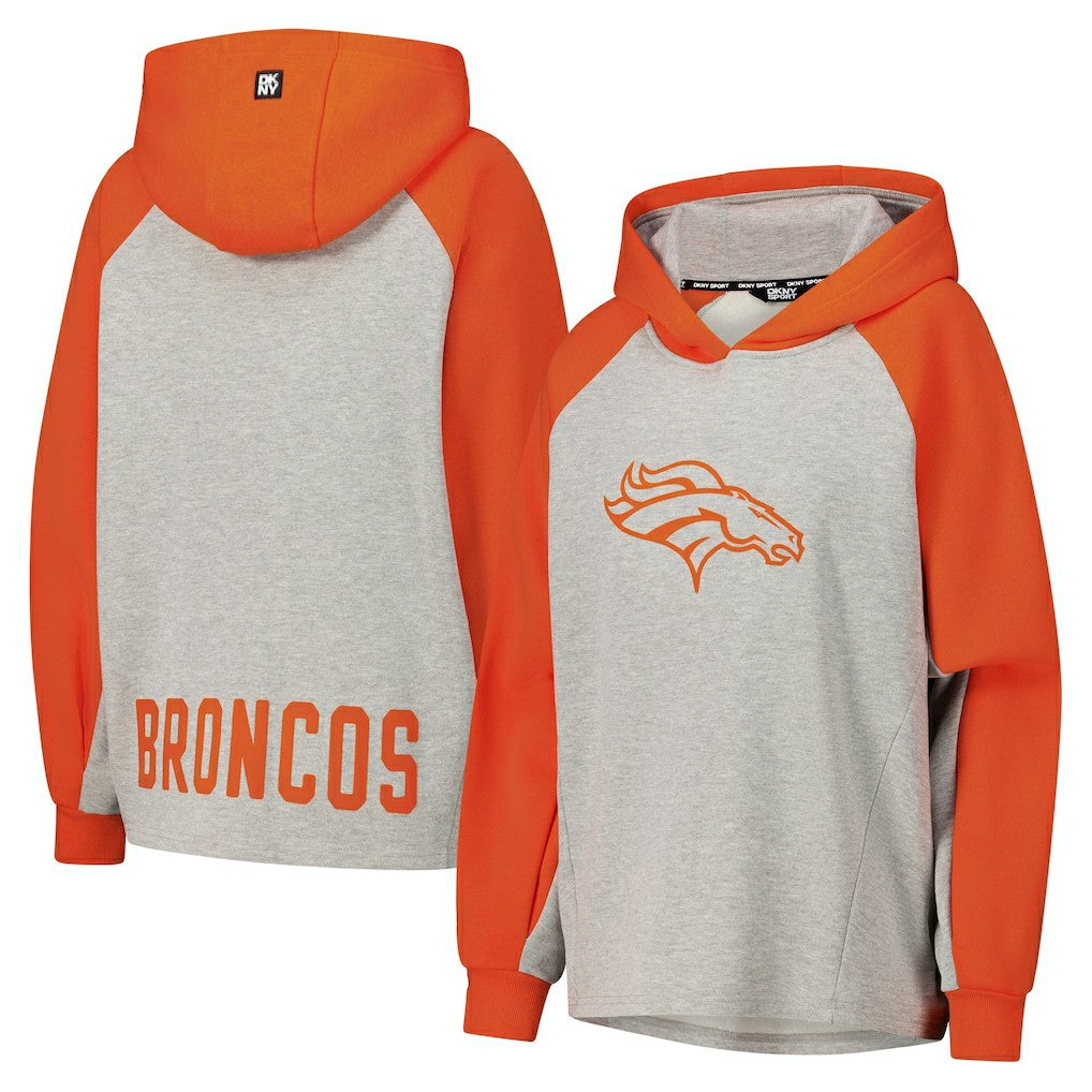 Denver Broncos DKNY Sport Women's Joy Cropped Raglan Pullover Hoodie - Gray/Orange - Gray/Orange Hoodies