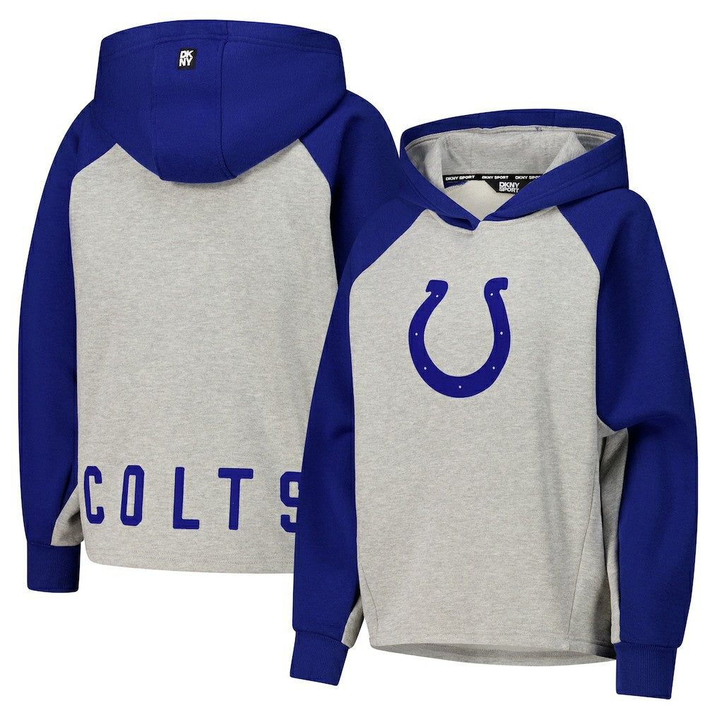 Indianapolis Colts DKNY Sport Women's Joy Cropped Raglan Pullover Hoodie - Gray/Royal - Gray/Royal Hoodies