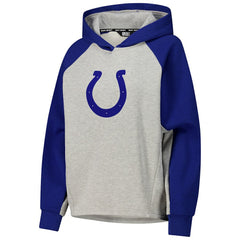 Indianapolis Colts DKNY Sport Women's Joy Cropped Raglan Pullover Hoodie - Gray/Royal - Gray/Royal Hoodies