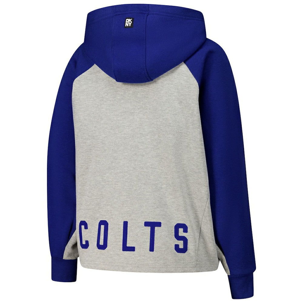 Indianapolis Colts DKNY Sport Women's Joy Cropped Raglan Pullover Hoodie - Gray/Royal - Gray/Royal Hoodies