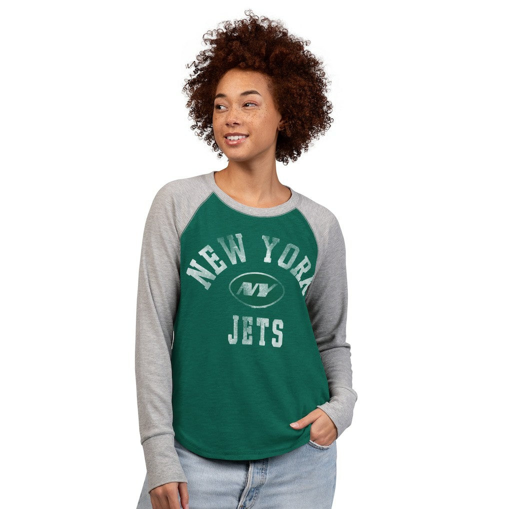 New York Jets G-III 4Her by Carl Banks Women's Waffle Knit Raglan Long Sleeve T-Shirt - Green/Heather Gray T-shirts
