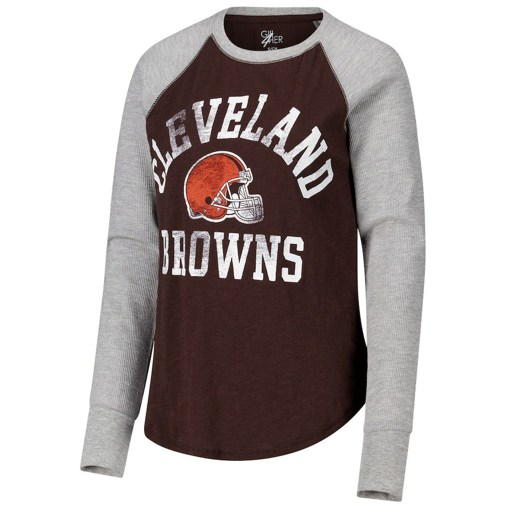 Cleveland Browns G-III 4Her by Carl Banks Women's Waffle Knit Raglan Long Sleeve T-Shirt - Brown/Heather Gray T-shirts