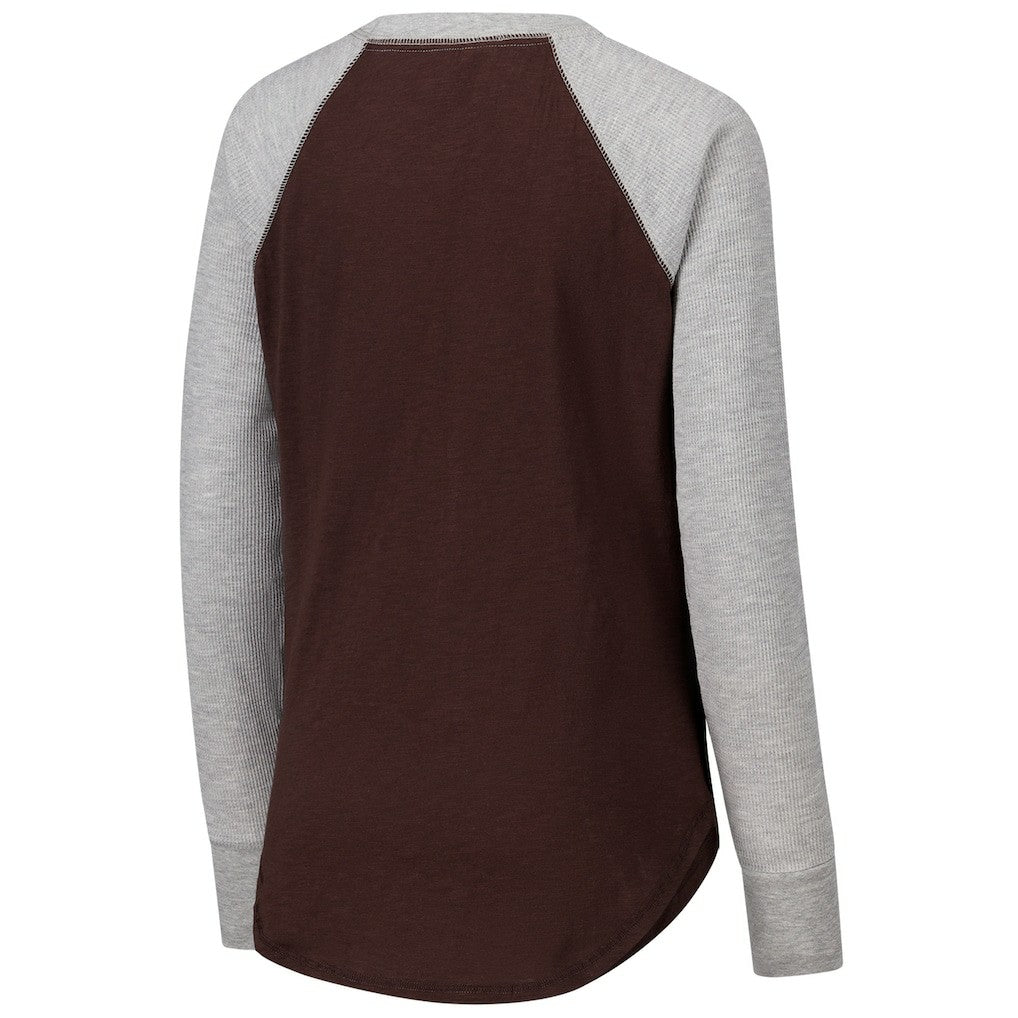 Cleveland Browns G-III 4Her by Carl Banks Women's Waffle Knit Raglan Long Sleeve T-Shirt - Brown/Heather Gray T-shirts