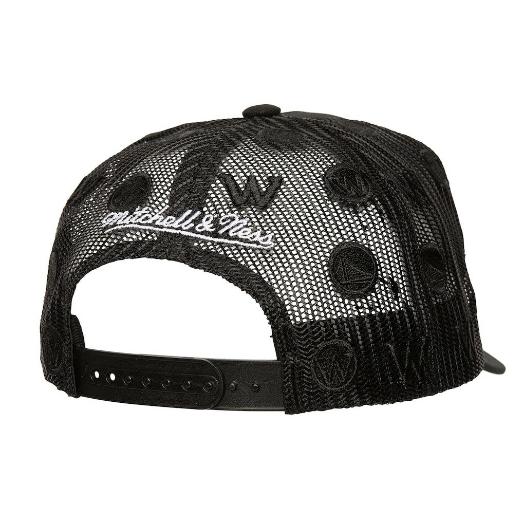 Golden State Warriors Monogram Allover Logo Mesh Trucker Adjustable Hat Black - Mitchell & Ness