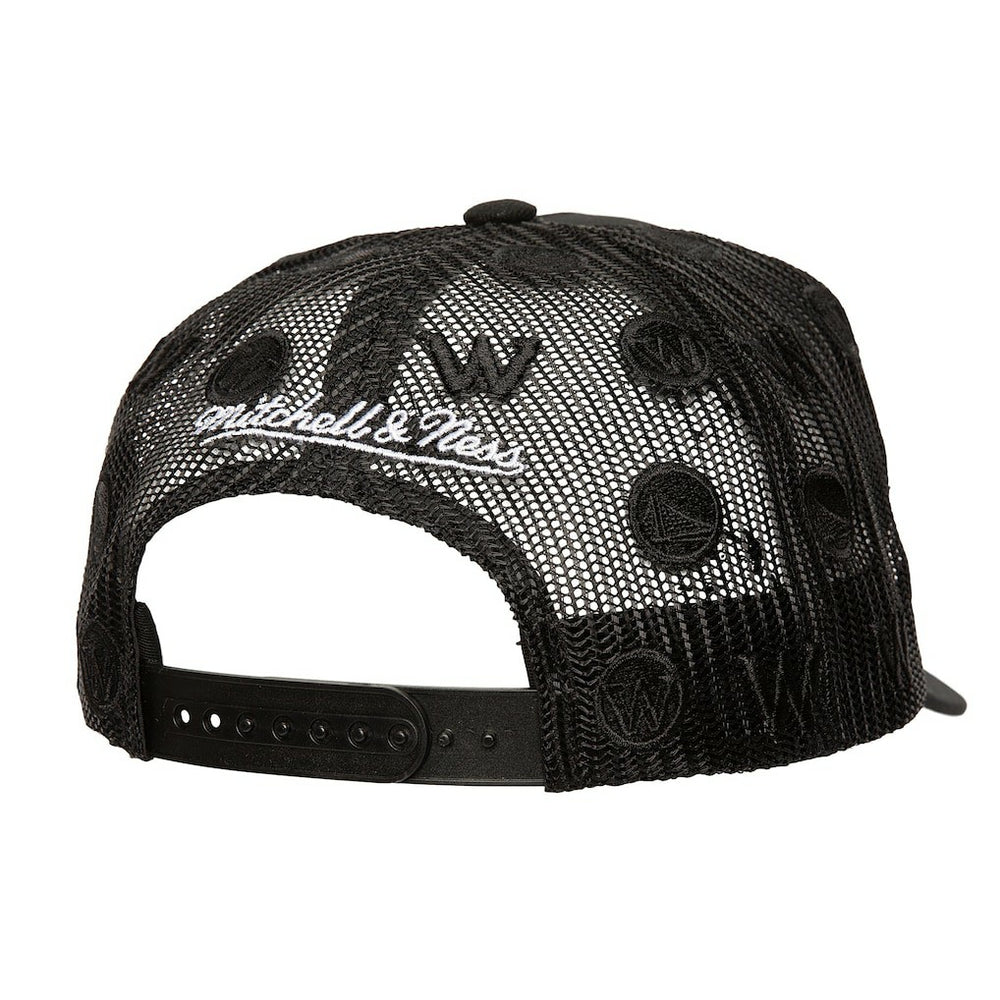 Golden State Warriors Monogram Allover Logo Mesh Trucker Adjustable Hat Black - Mitchell & Ness