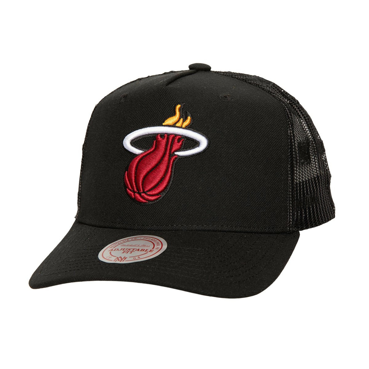 Miami Heat Monogram Allover Logo Mesh Trucker Adjustable Hat Black - Mitchell & Ness