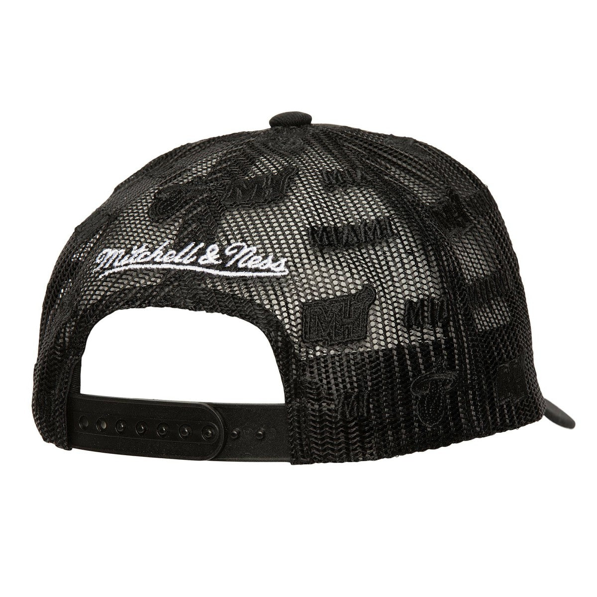 Miami Heat Monogram Allover Logo Mesh Trucker Adjustable Hat Black - Mitchell & Ness