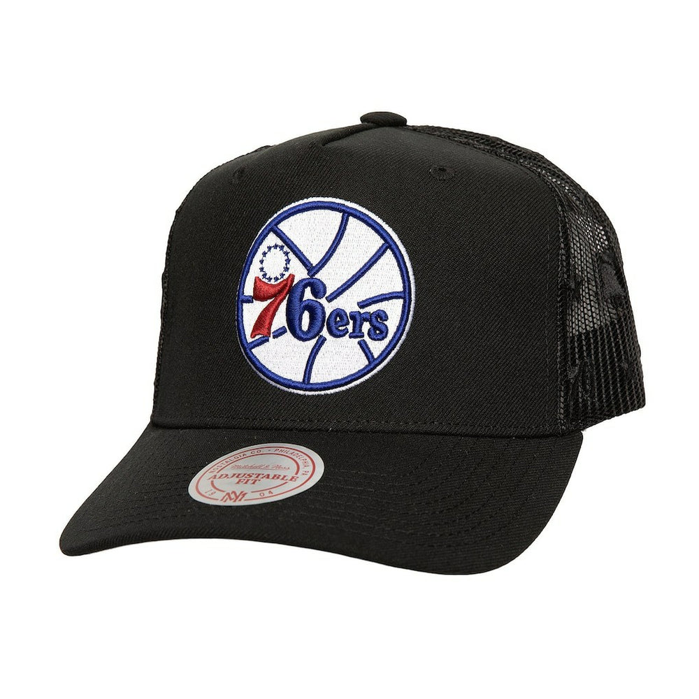 Philadelphia 76ers Monogram Allover Logo Mesh Trucker Adjustable Hat Black - Mitchell & Ness outlet