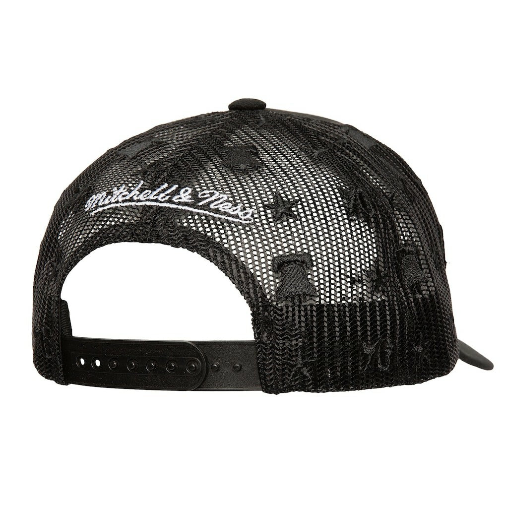 Philadelphia 76ers Monogram Allover Logo Mesh Trucker Adjustable Hat Black - Mitchell & Ness outlet