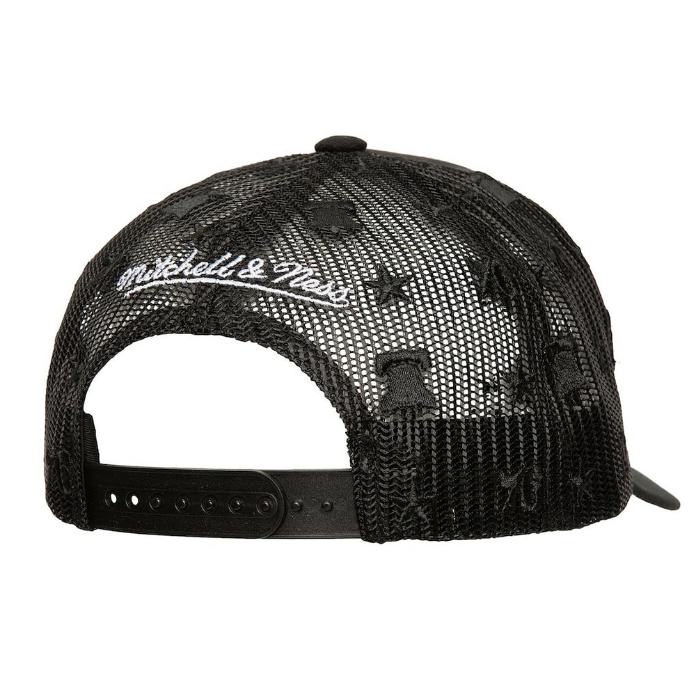 Philadelphia 76ers Monogram Allover Logo Mesh Trucker Adjustable Hat Black - Mitchell & Ness outlet