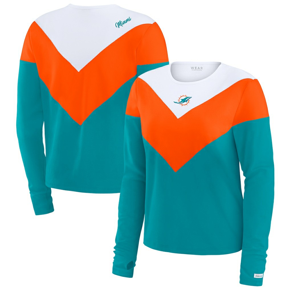 Miami Dolphins WEAR by Erin Andrews Women's Chevron Tri-Blend Long Sleeve T-Shirt - Aqua/Orange T-shirts