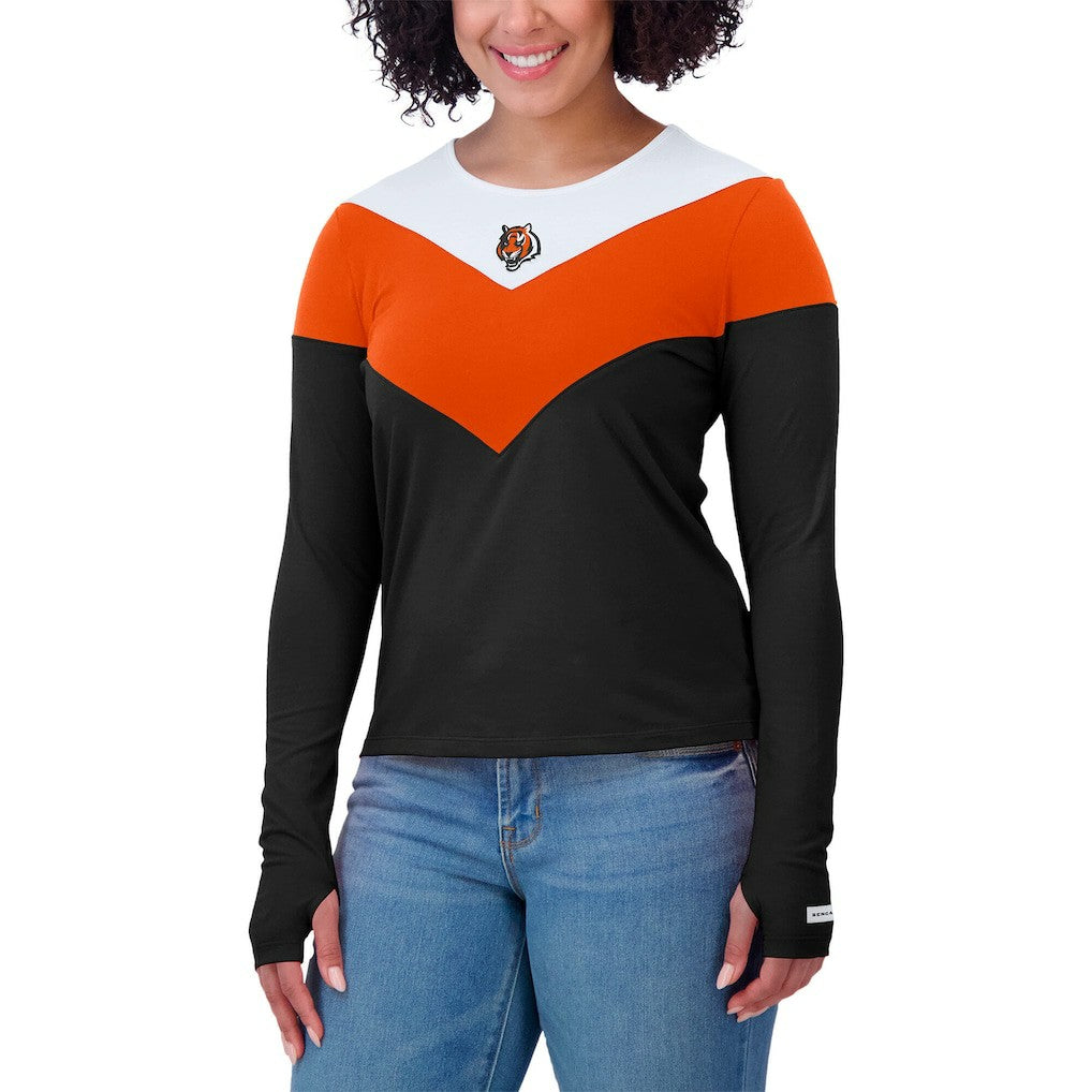 Cincinnati Bengals WEAR by Erin Andrews Women's Plus Size Chevron Tri-Blend Long Sleeve T-Shirt - Black/Orange T-shirts