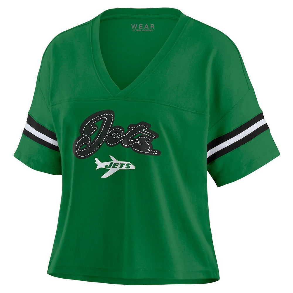 New York Jets WEAR by Erin Andrews Women's Color Block Boxy V-Neck T-Shirt - Kelly Green T-shirts