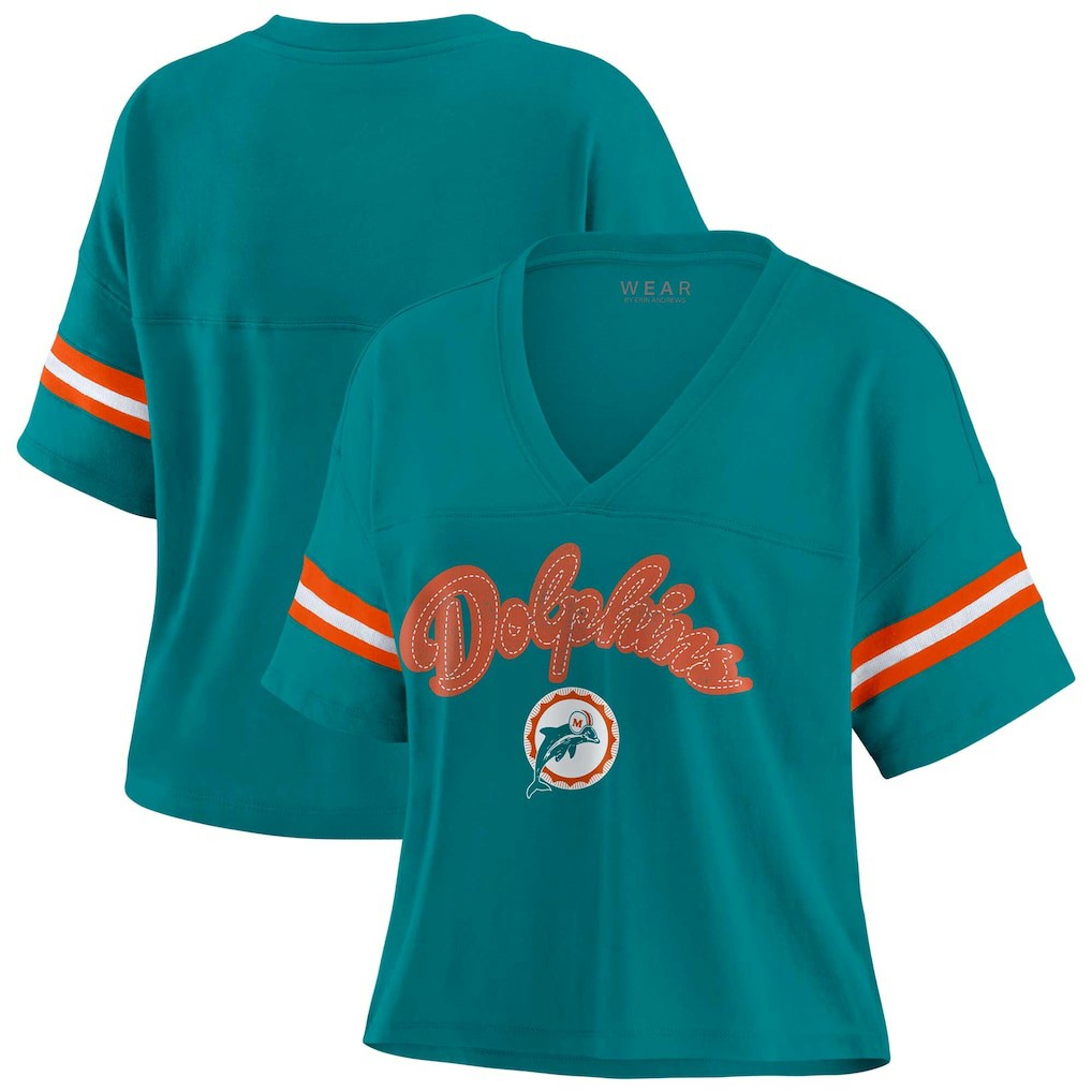 Miami Dolphins WEAR by Erin Andrews Women's Plus Size Color Block Boxy V-Neck T-Shirt - Aqua T-shirts