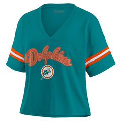 Miami Dolphins WEAR by Erin Andrews Women's Plus Size Color Block Boxy V-Neck T-Shirt - Aqua T-shirts