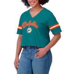 Miami Dolphins WEAR by Erin Andrews Women's Plus Size Color Block Boxy V-Neck T-Shirt - Aqua T-shirts