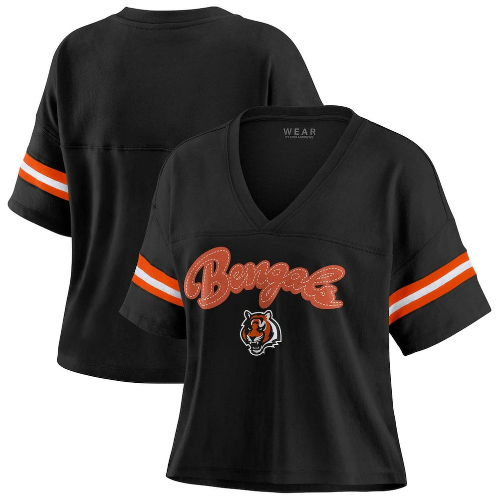 Cincinnati Bengals WEAR by Erin Andrews Women's Plus Size Color Block Boxy V-Neck T-Shirt - Black T-shirts