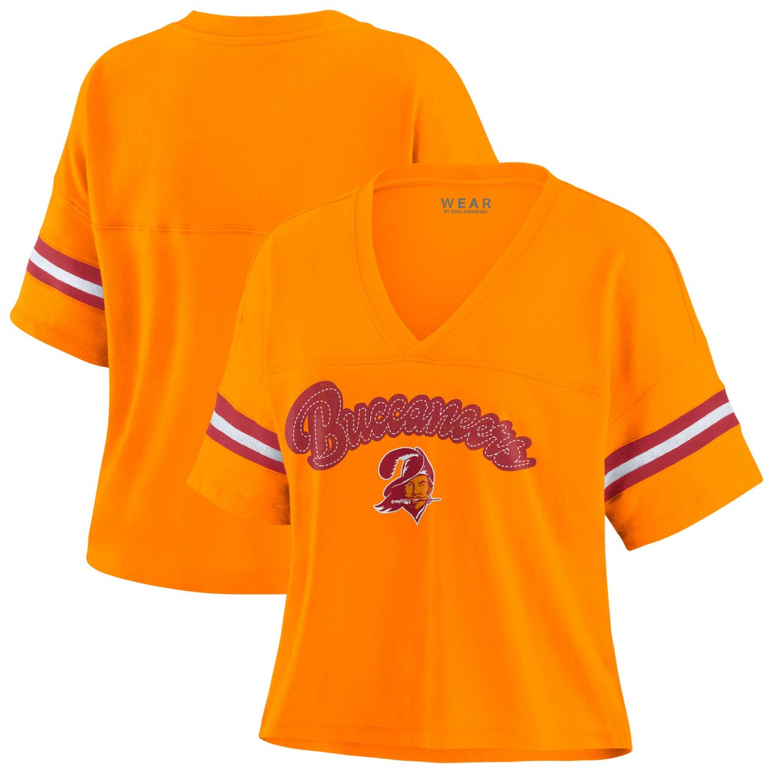 Tampa Bay Buccaneers WEAR by Erin Andrews Women's Plus Size Color Block Boxy V-Neck T-Shirt - Pewter T-shirts