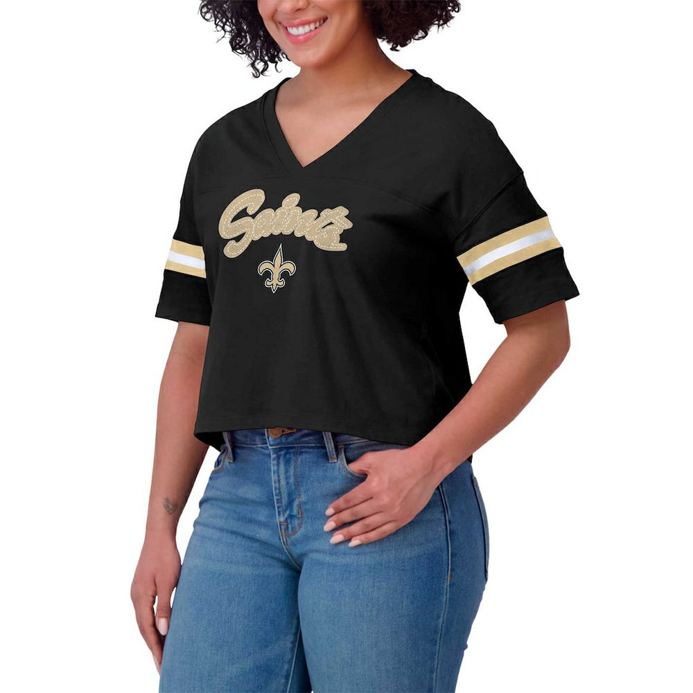 New Orleans Saints WEAR by Erin Andrews Women's Plus Size Color Block Boxy V-Neck T-Shirt - Black T-shirts