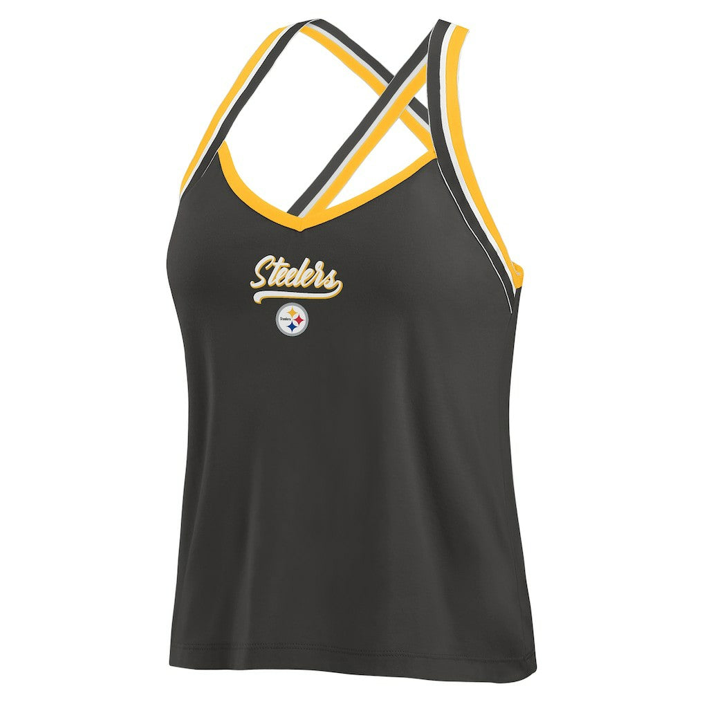 Pittsburgh Steelers WEAR by Erin Andrews Women's Cross Strap Tri-Blend Tank Top - Black Tops
