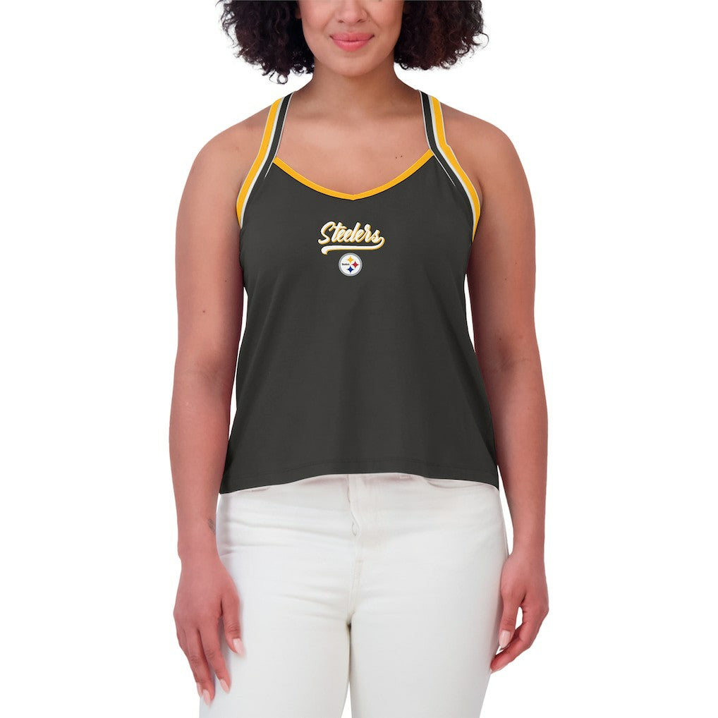 Pittsburgh Steelers WEAR by Erin Andrews Women's Cross Strap Tri-Blend Tank Top - Black Tops