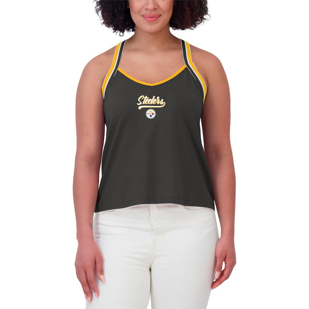 Pittsburgh Steelers WEAR by Erin Andrews Women's Cross Strap Tri-Blend Tank Top - Black Tops