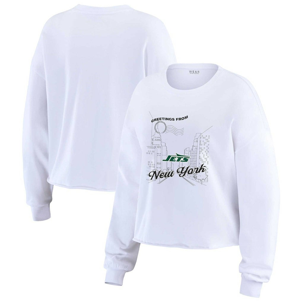 New York Jets WEAR by Erin Andrews Women's Postcard Cropped Long Sleeve Top - White Tops