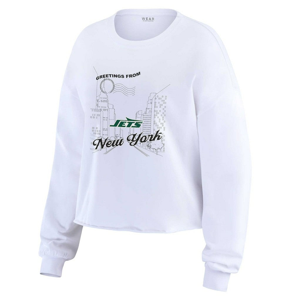 New York Jets WEAR by Erin Andrews Women's Postcard Cropped Long Sleeve Top - White Tops