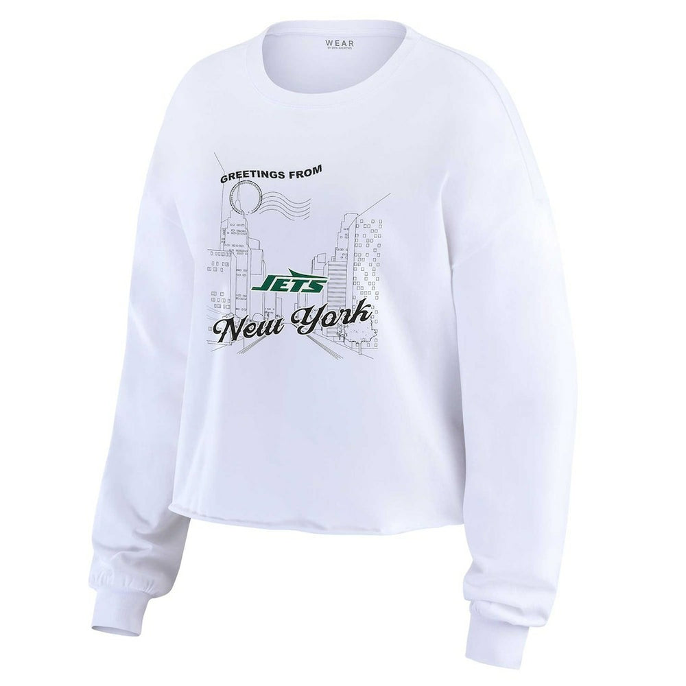 New York Jets WEAR by Erin Andrews Women's Postcard Cropped Long Sleeve Top - White Tops