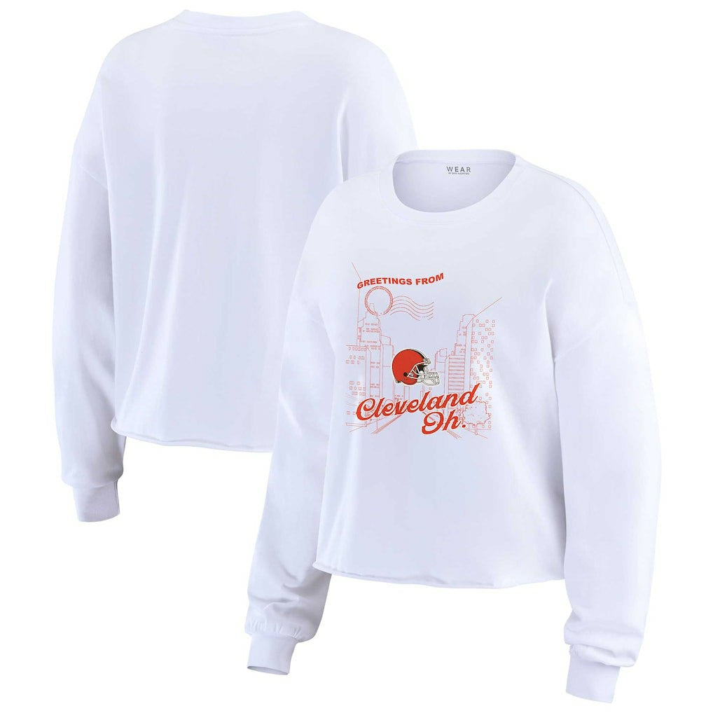 Cleveland Browns WEAR by Erin Andrews Women's Postcard Cropped Long Sleeve Top - White Tops