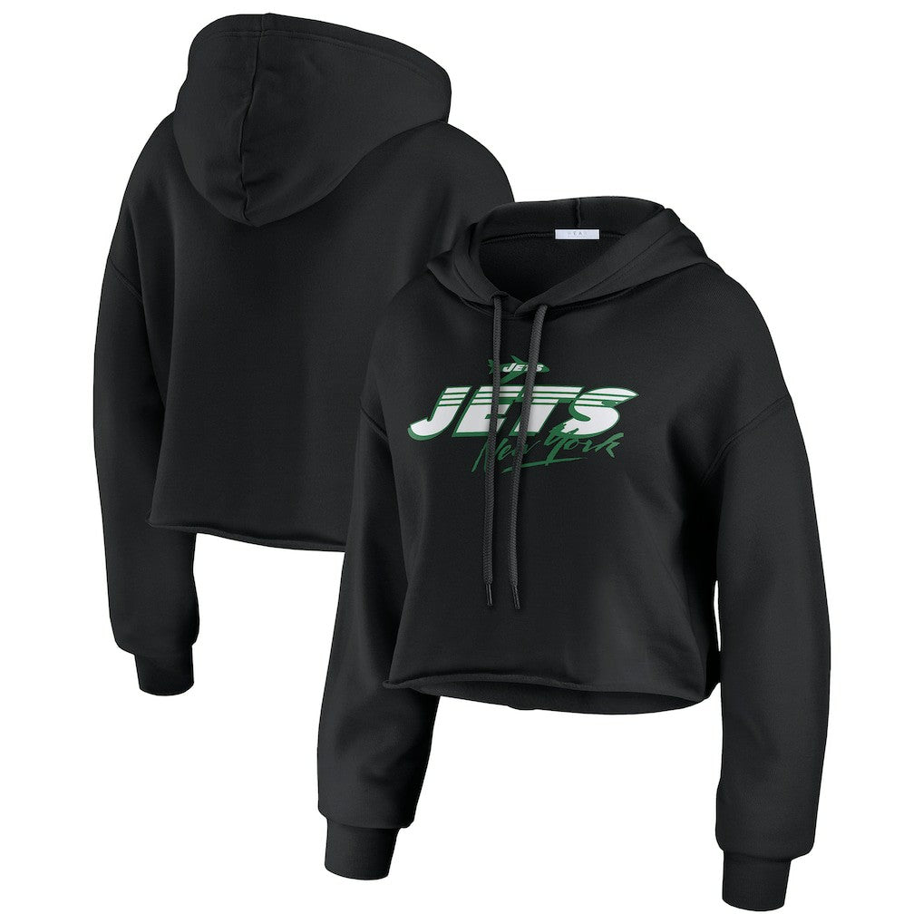 New York Jets WEAR by Erin Andrews Women's Prime Cropped Pullover Hoodie - Black Hoodies