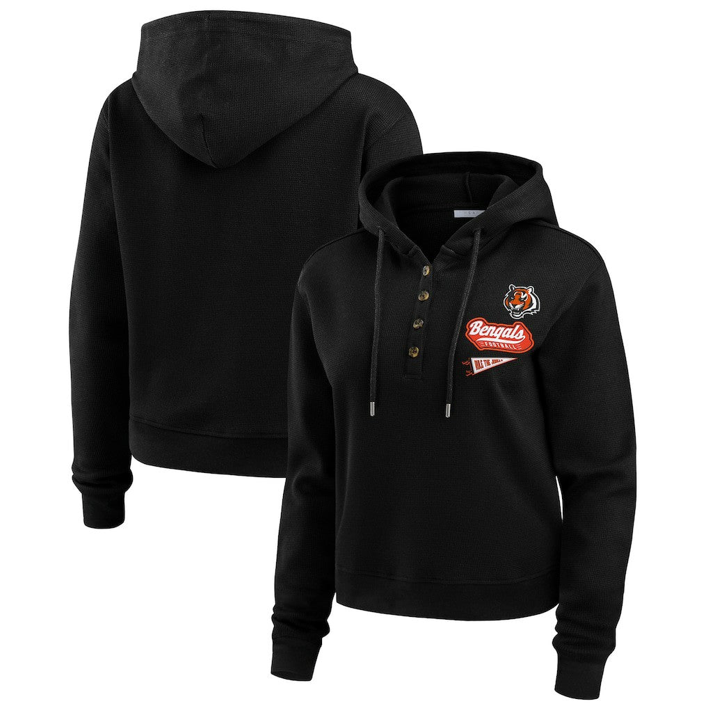 Cincinnati Bengals WEAR by Erin Andrews Women's Waffle-Knit Pullover Hoodie - Black Hoodies