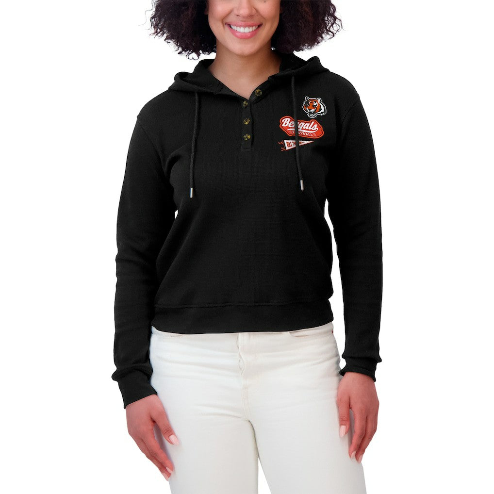 Cincinnati Bengals WEAR by Erin Andrews Women's Waffle-Knit Pullover Hoodie - Black Hoodies