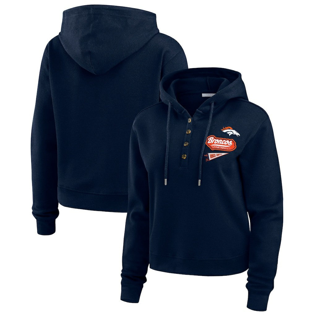 Denver Broncos WEAR by Erin Andrews Women's Waffle-Knit Pullover Hoodie - Navy Hoodies