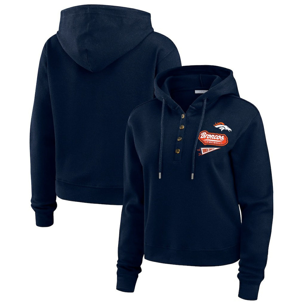 Denver Broncos WEAR by Erin Andrews Women's Waffle-Knit Pullover Hoodie - Navy Hoodies