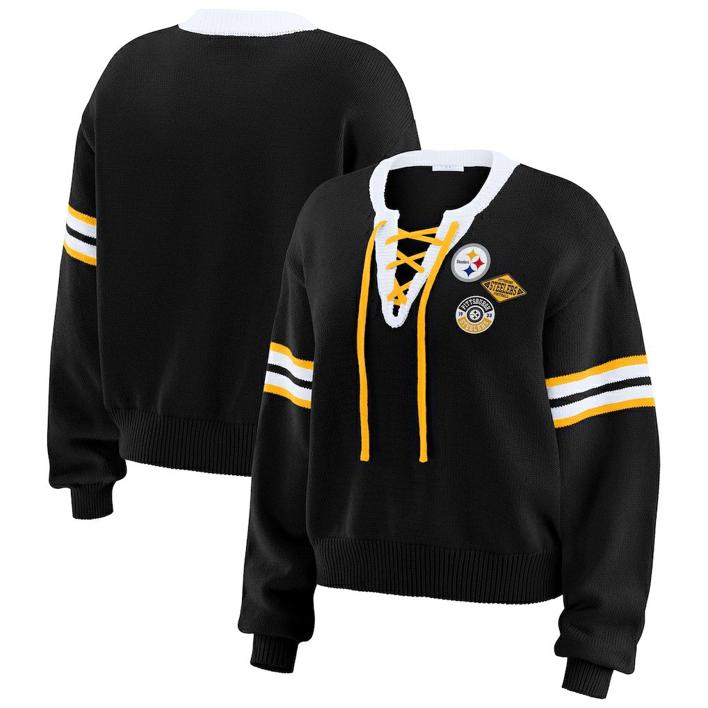 Pittsburgh Steelers WEAR by Erin Andrews Women's Lace-Up Sweater - Black