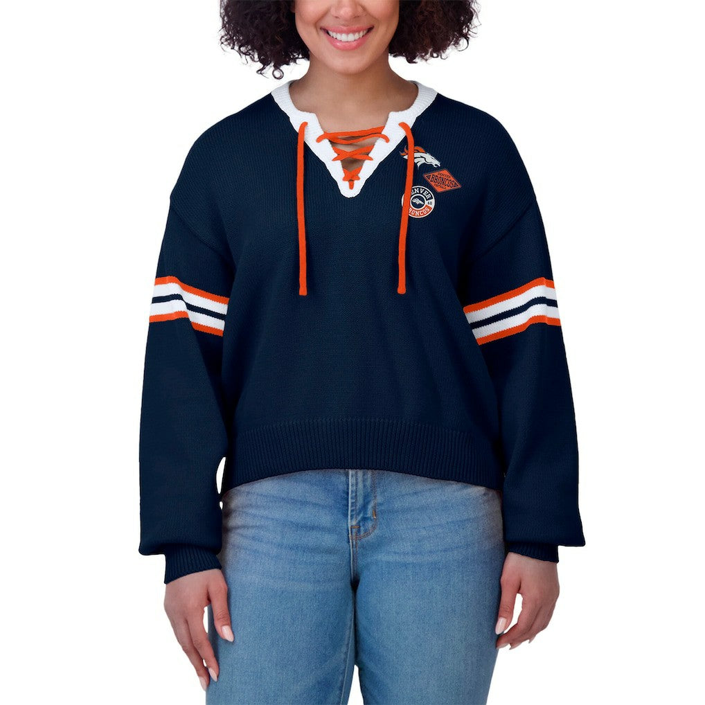Denver Broncos WEAR by Erin Andrews Women's Lace-Up Sweater - Navy
