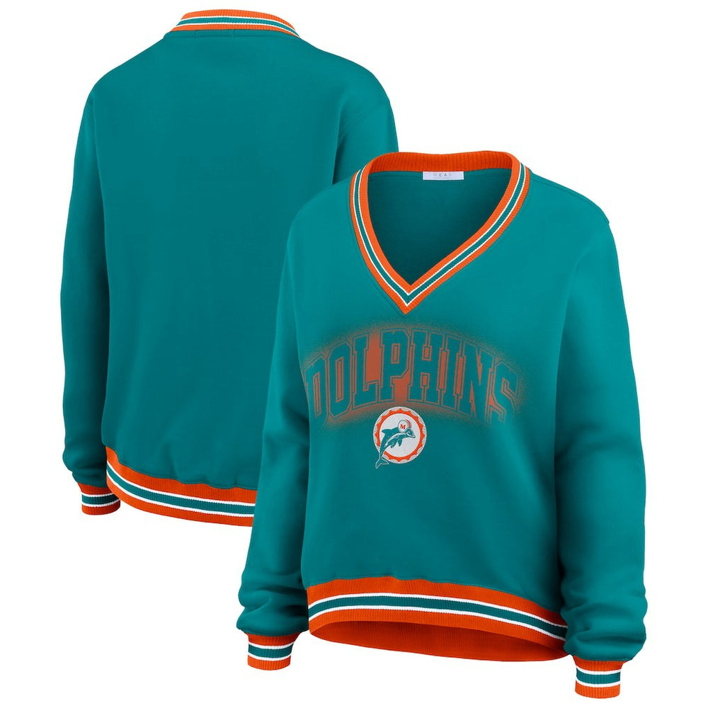 Miami Dolphins WEAR by Erin Andrews Women's Oversized Long Sleeve V-Neck Sweatshirt - Aqua Sweatshirts