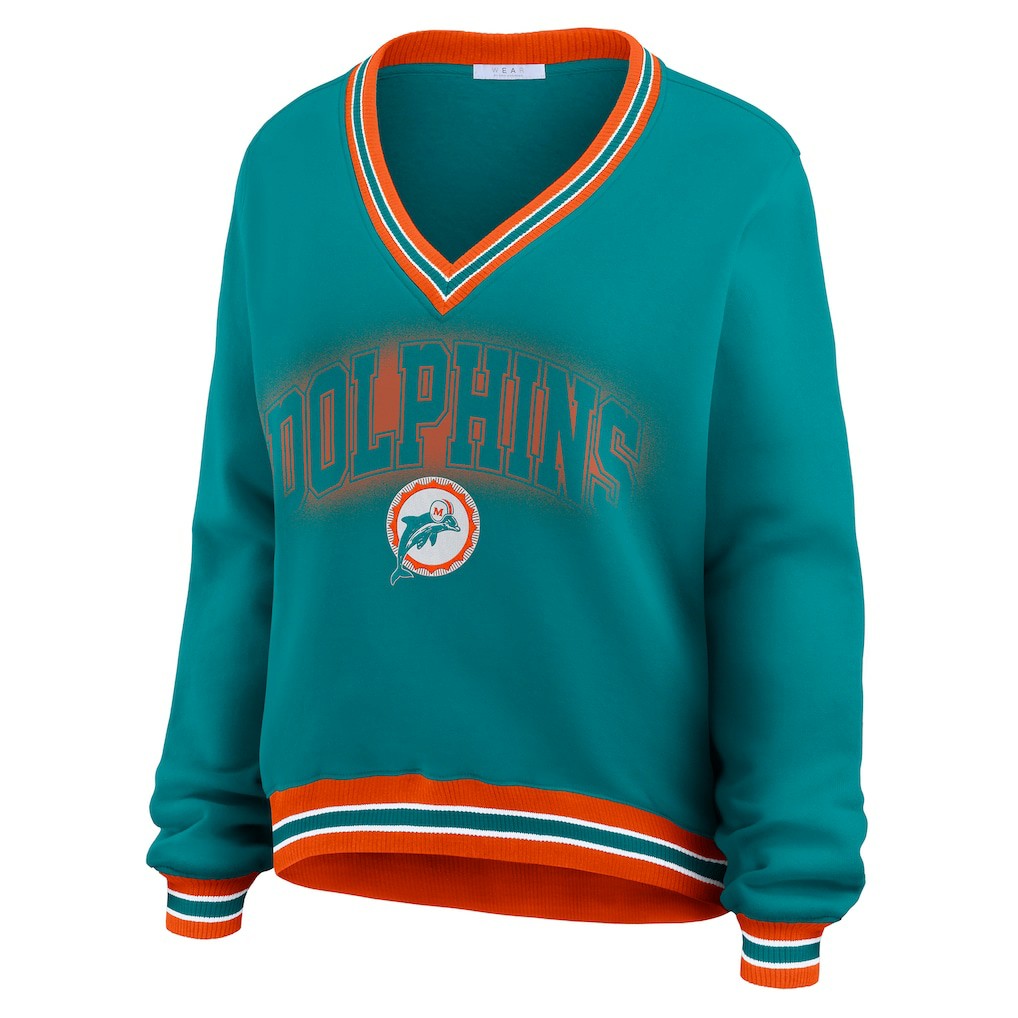 Miami Dolphins WEAR by Erin Andrews Women's Oversized Long Sleeve V-Neck Sweatshirt - Aqua Sweatshirts