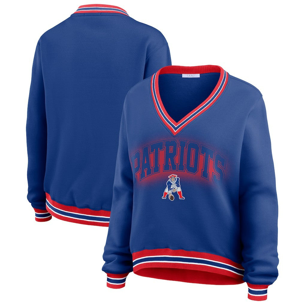 New England Patriots WEAR by Erin Andrews Women's Oversized Long Sleeve V-Neck Sweatshirt - Navy Sweatshirts