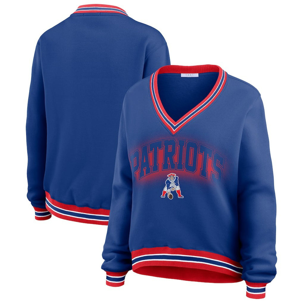 New England Patriots WEAR by Erin Andrews Women's Oversized Long Sleeve V-Neck Sweatshirt - Navy Sweatshirts