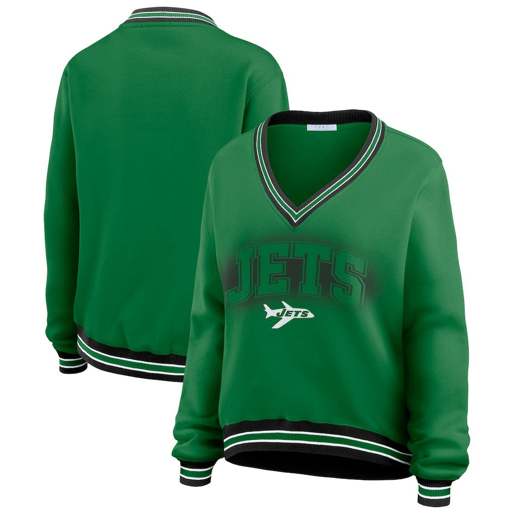 New York Jets WEAR by Erin Andrews Women's Oversized Long Sleeve V-Neck Sweatshirt - Green Sweatshirts